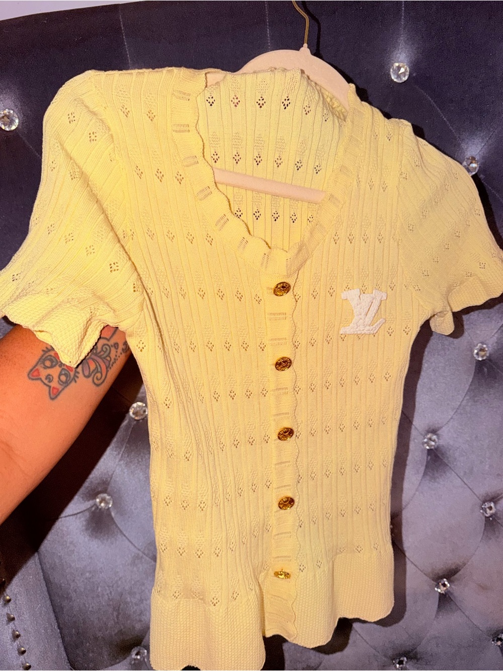 Yellow Short-Sleeve Knit Button Cardigan Sweater